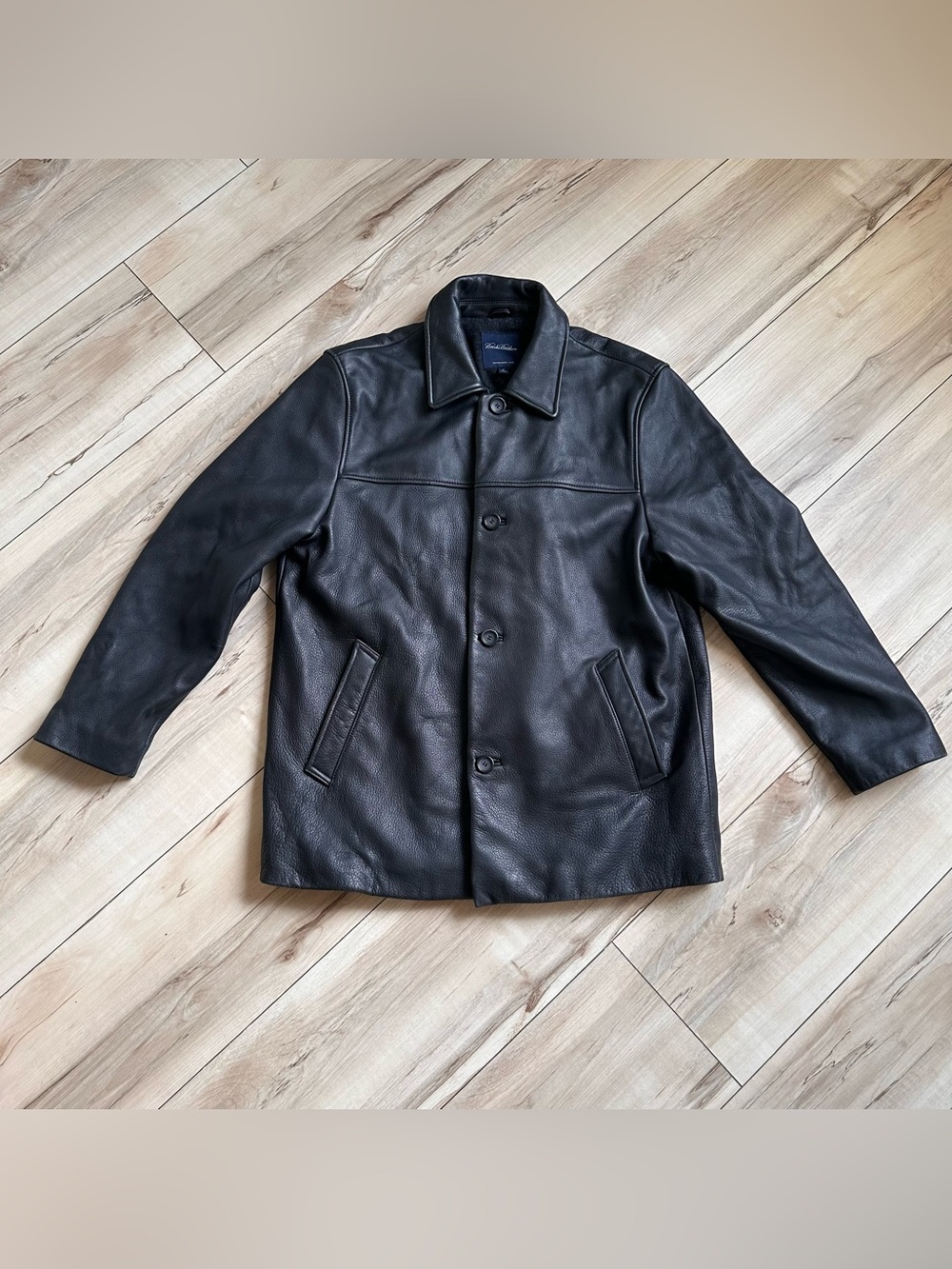 Brooks Brothers Leather Coat Mens M Black Button Front Lined Jacket